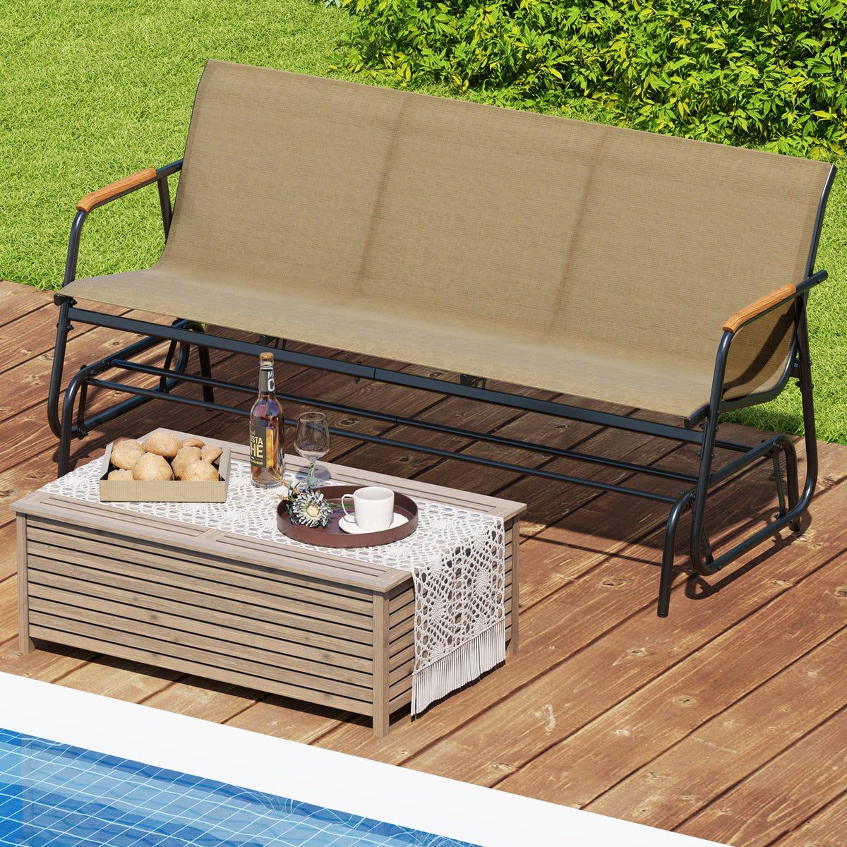 3-Person Outdoor Patio Glider Bench with Teak Armrests