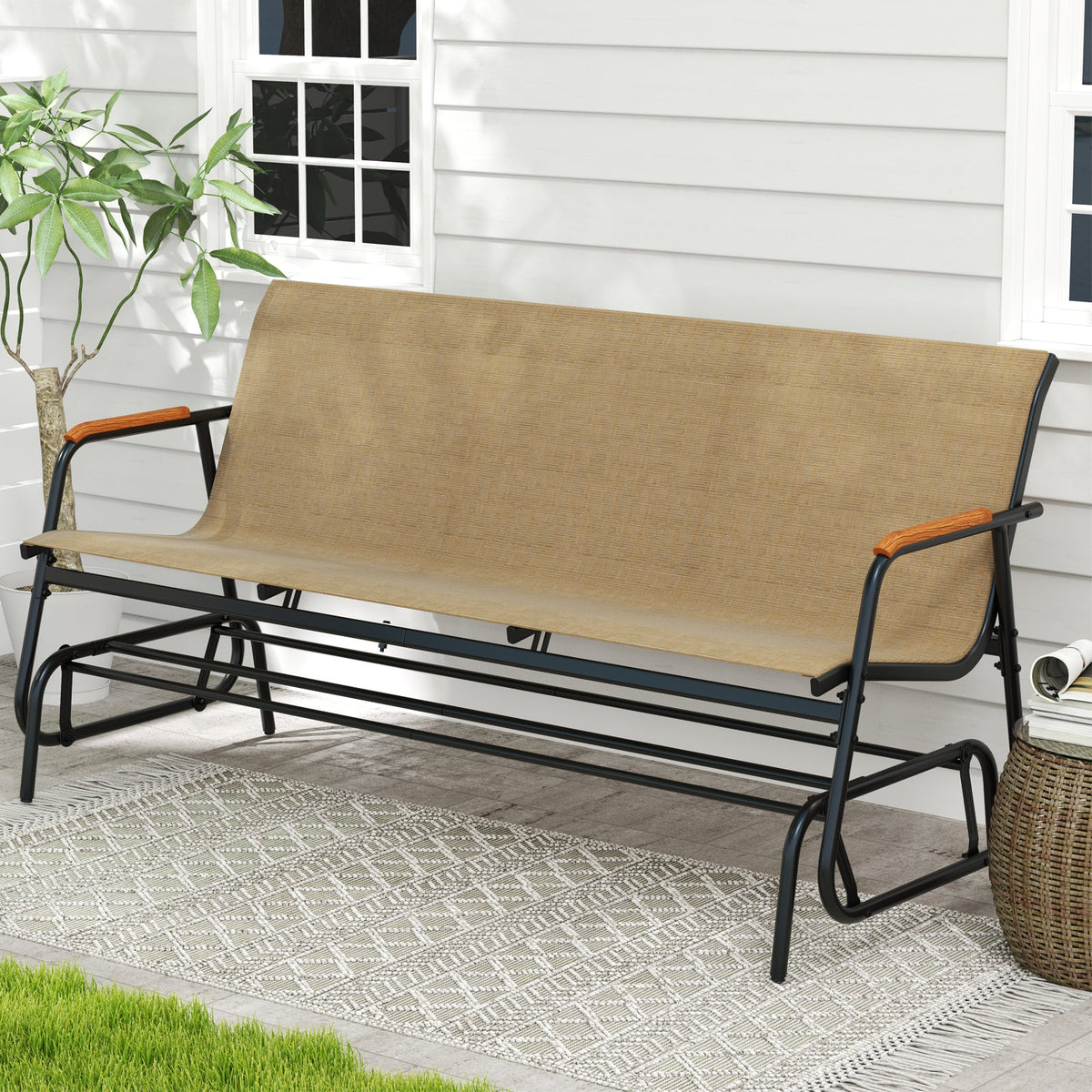 3-Person Outdoor Patio Glider Bench with Teak Armrests