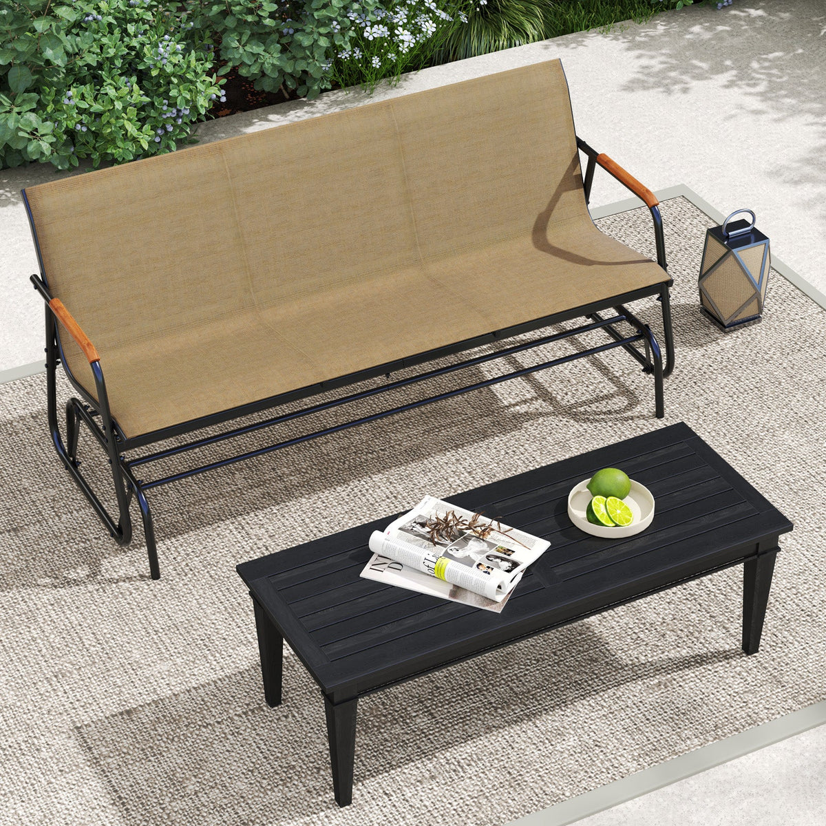 3-Person Outdoor Patio Glider Bench with Teak Armrests