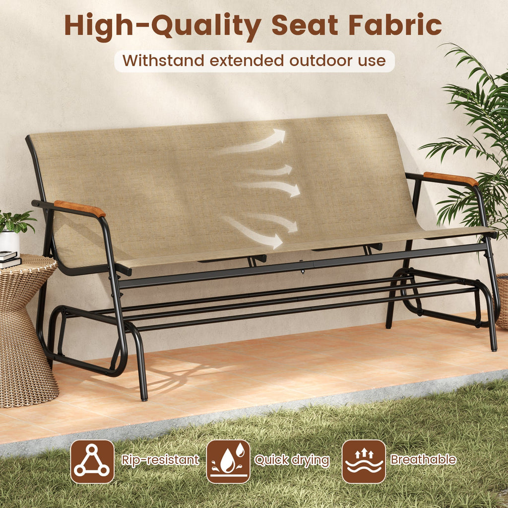 3-Person Outdoor Patio Glider Bench with Teak Armrests