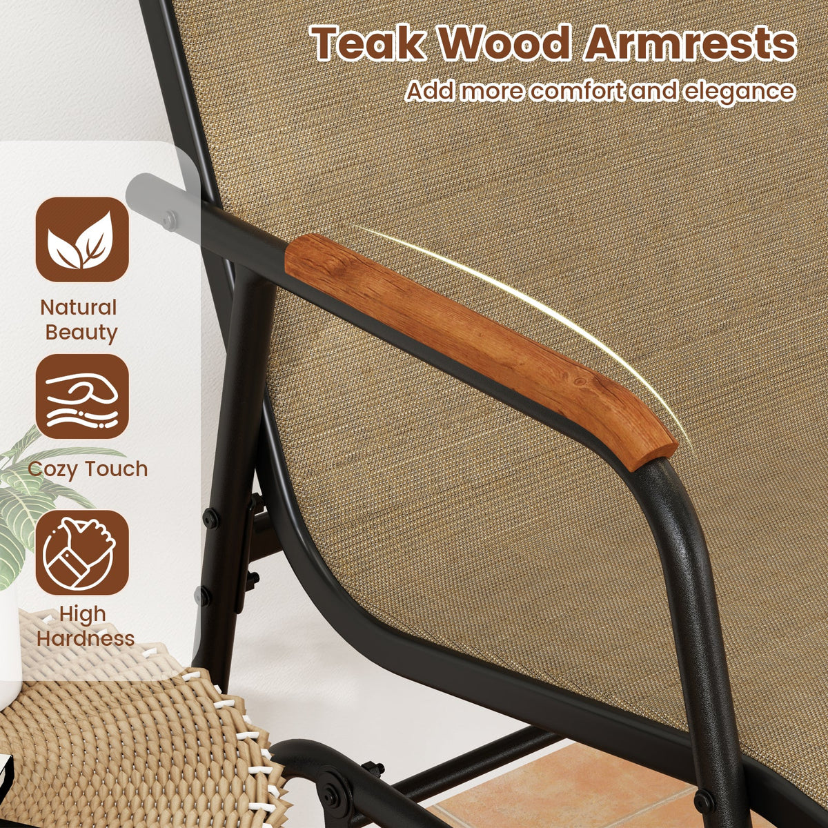 3-Person Outdoor Patio Glider Bench with Teak Armrests
