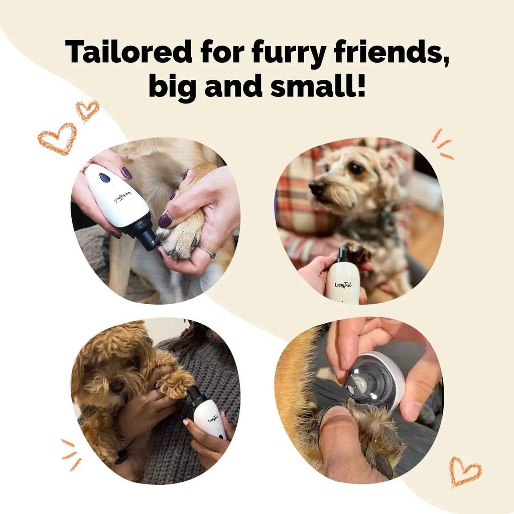 Promotional graphic for a pet nail grinder with the text 'Tailored for furry friends, big and small!' on a beige background. Four circular photos show a person using the white and black pet nail grinder on different dogs.