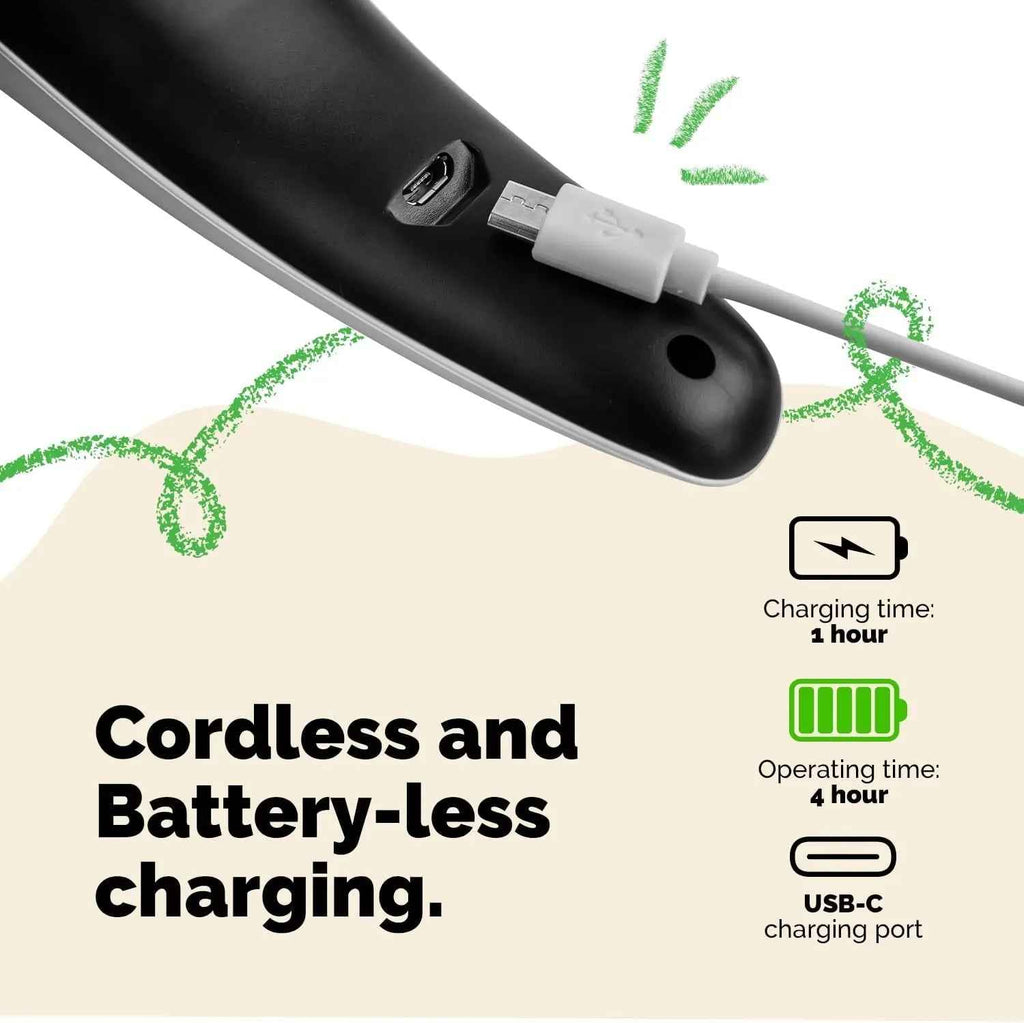 A close-up of a black electronic device showing a USB-C charging port with a charging cable plugged in, on a white and beige background with text reading 'Cordless and Battery-less charging.' and charging time/operating time icons.