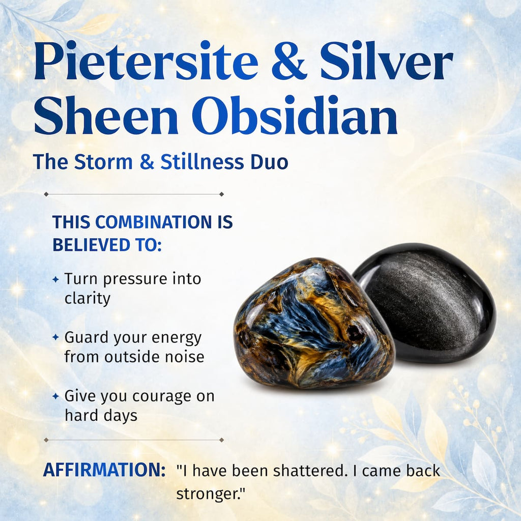 Pietersite and silver sheen obsidian symbolism graphic with two polished stones, crystal beliefs, and an affirmation.
