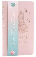 Pink Crystal Healing Reflection Journal with gold-toned crystal line art, starbursts and a pink-to-turquoise paper band