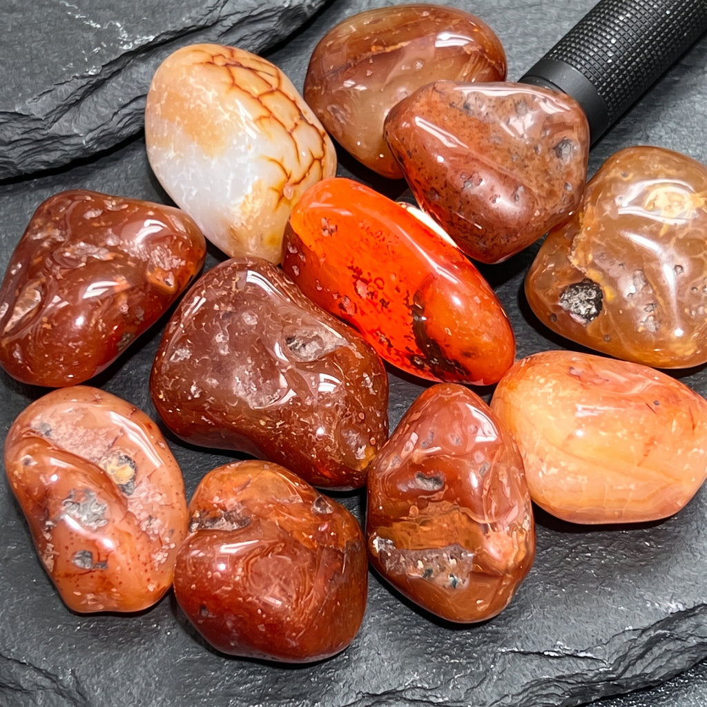 Polished carnelian red agate stones on dark slate, with a central orange stone backlit by a flashlight