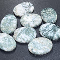 Polished oval tree agate cabochons with branching green markings on white backgrounds arranged on a dark surface.