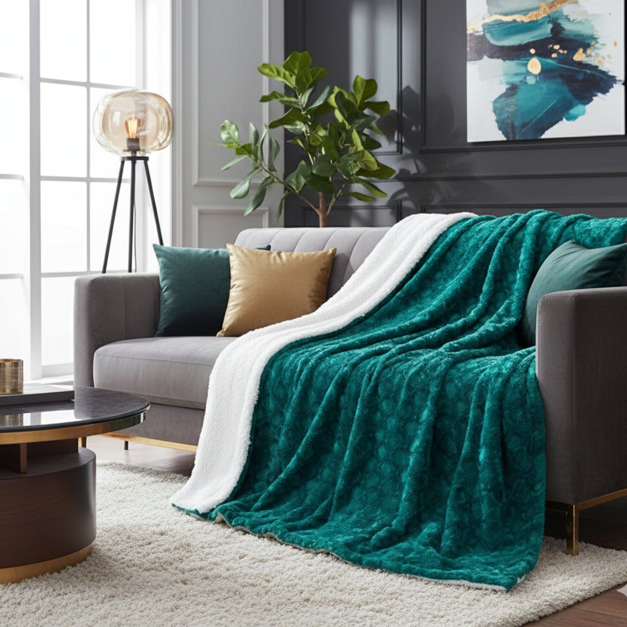 DaDa Bedding Mermaid Scale Emerald Green & Teal Faux Fur Sherpa Throw Blanket