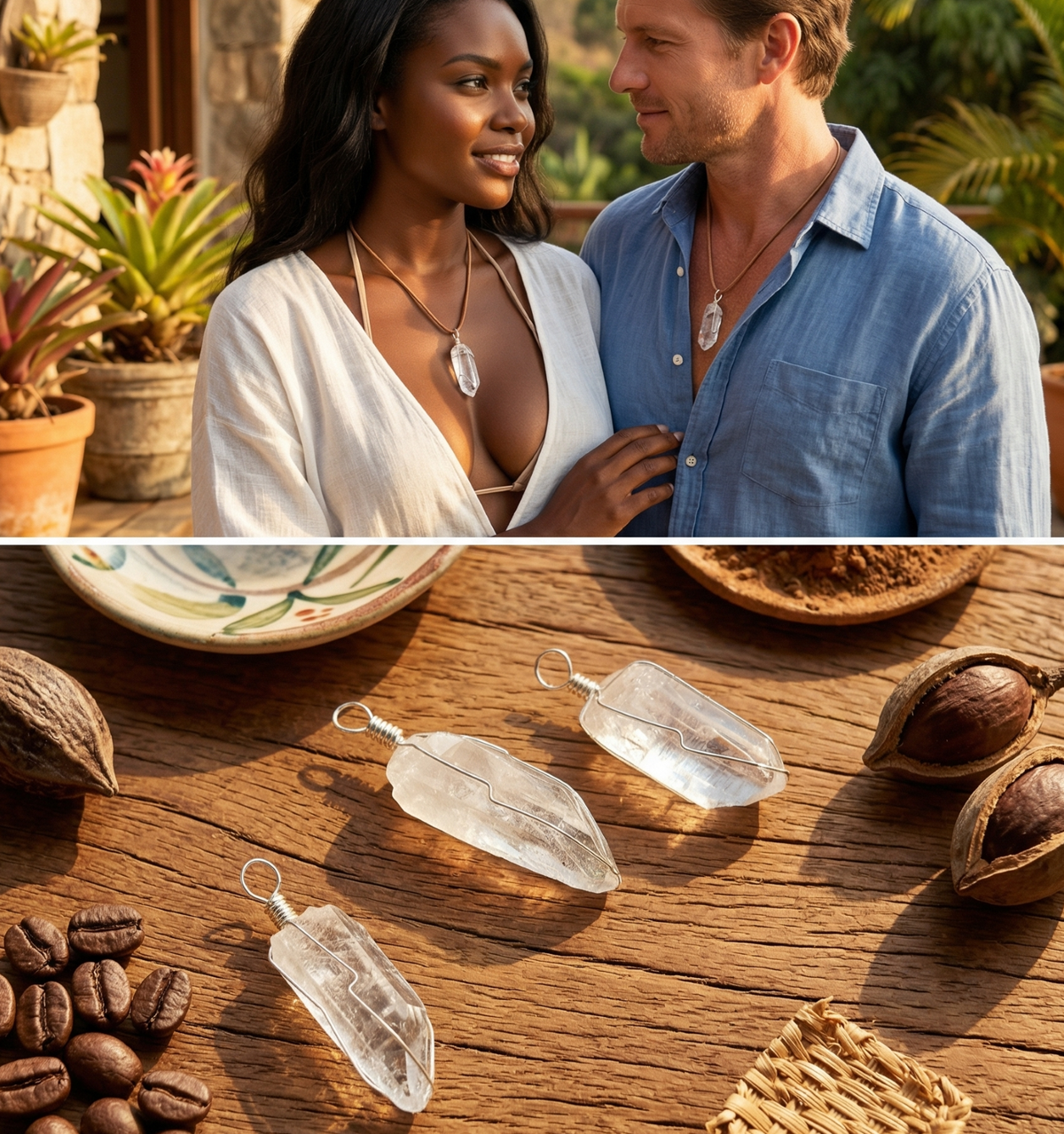Image 1: Collage of two people wearing quartz pendants and three silver-wire-wrapped crystal points on a wooden table.
