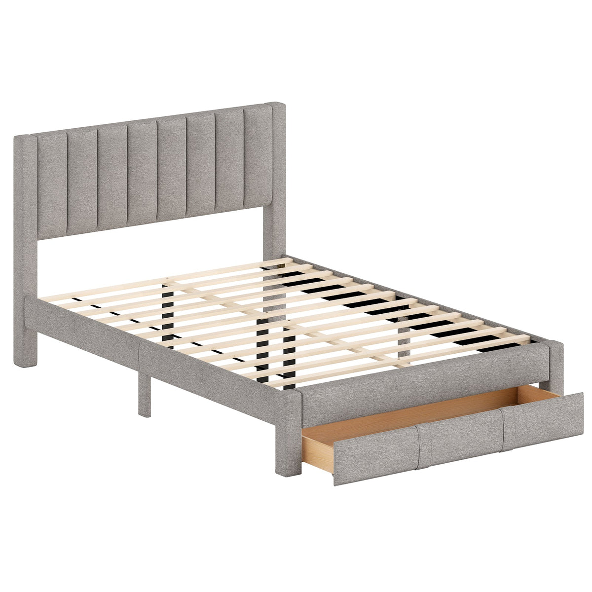 Queen Bed Frame with Storage Drawer & Upholstered Headboard