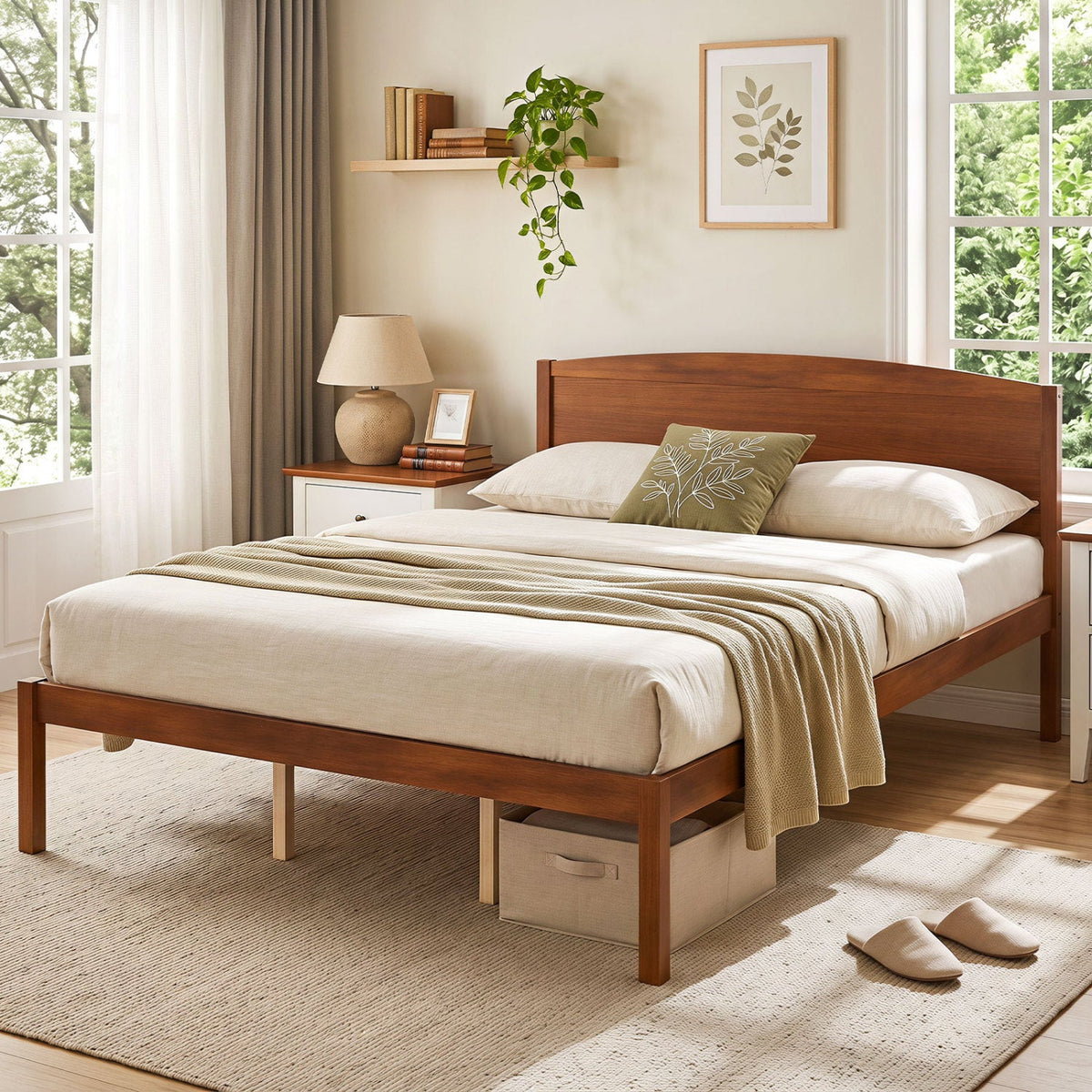 Queen Platform Bed Frame with Curved Wood Headboard