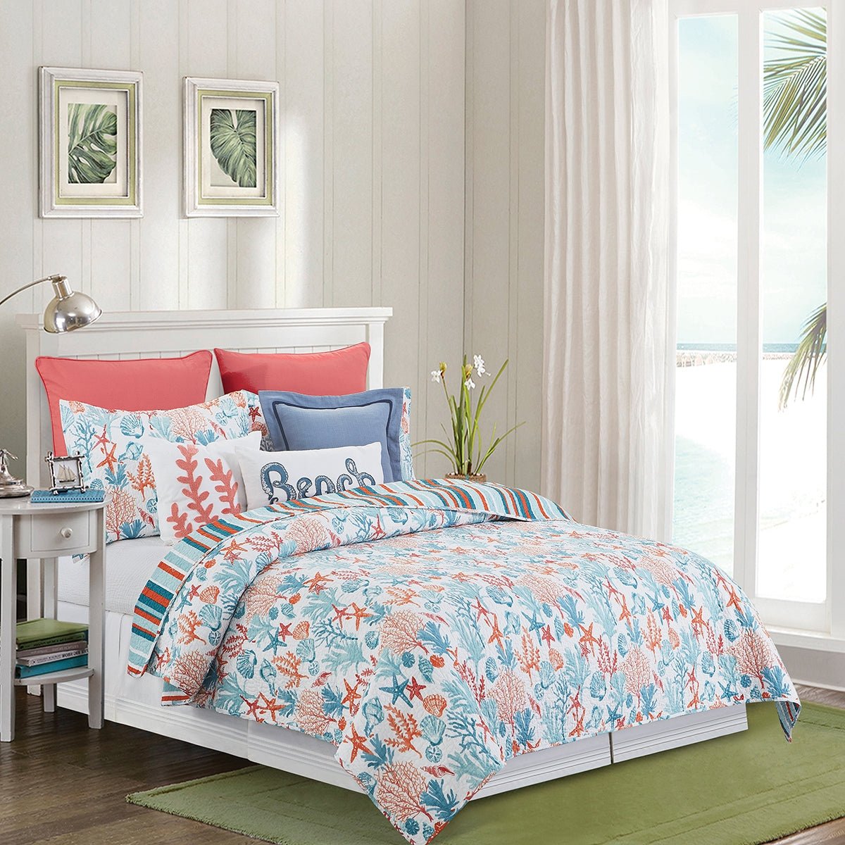 Tangerine Coast Coral Reef Quilt Bedspread Set | 100% Cotton | Reversible | Twin 2-Piece