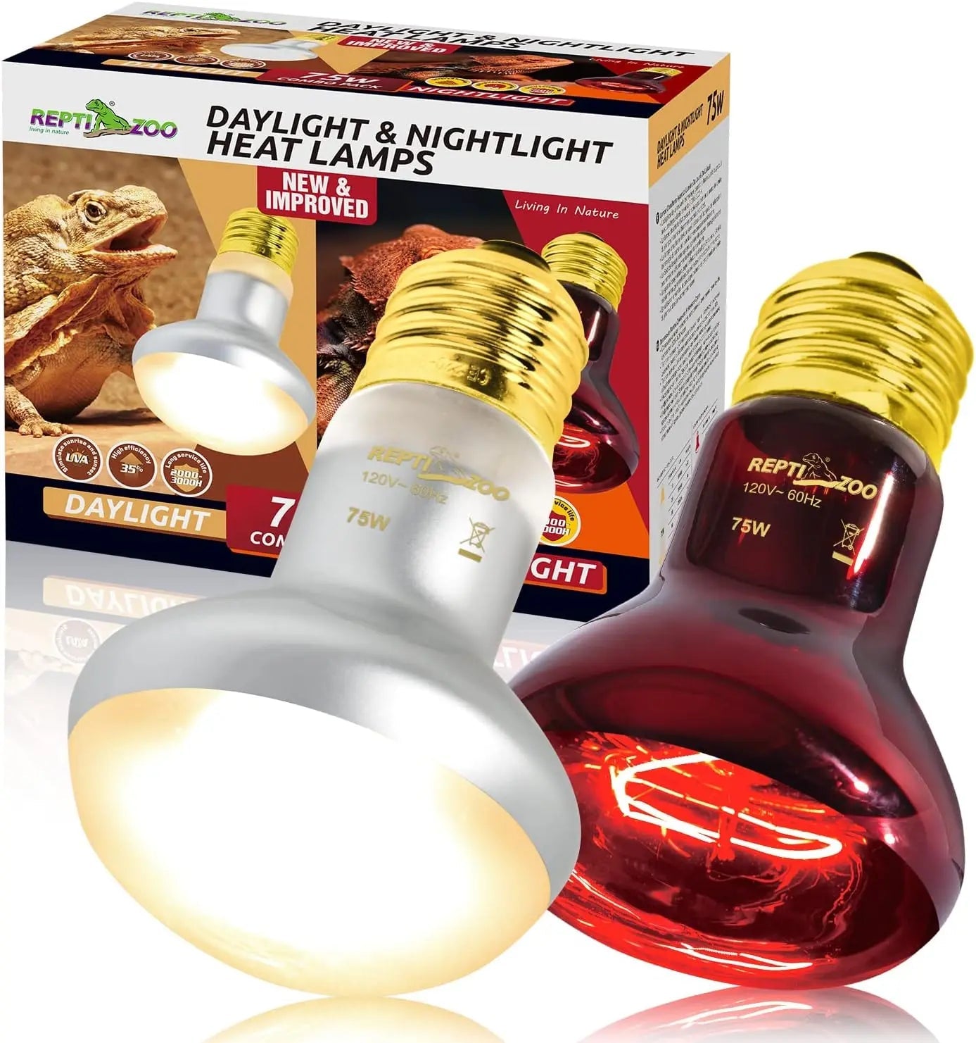 75W Reptile Heat Lamp Bulbs – UVA Daylight & Infrared Night Combo or Infrared Only | E26, 120V | 2,000–3,000 Hour Lifespan