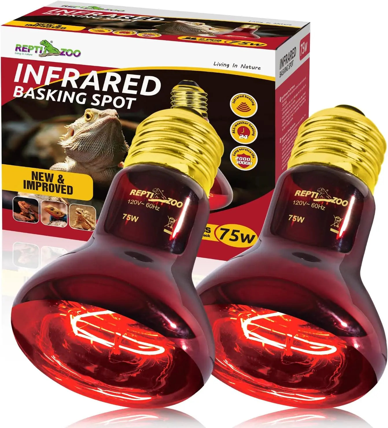 75W Reptile Heat Lamp Bulbs – UVA Daylight & Infrared Night Combo or Infrared Only | E26, 120V | 2,000–3,000 Hour Lifespan