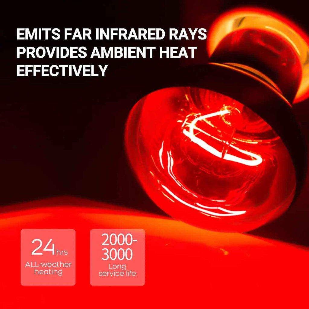 Red light bulb emitting far infrared rays with text on a black background