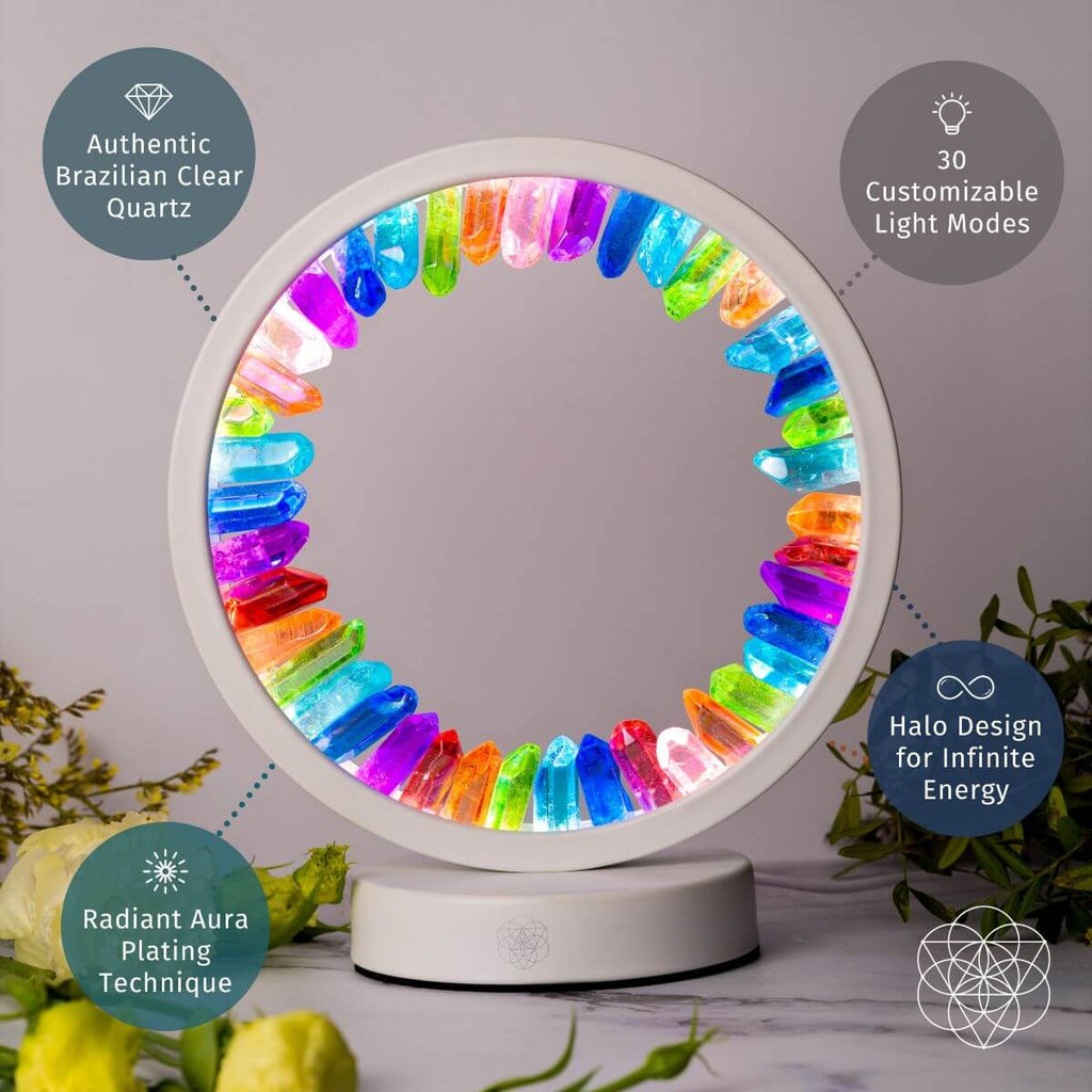 Rainbow aura quartz halo lamp infographic highlighting Brazilian quartz, aura plating, 30 light modes, and energy symbolism.
