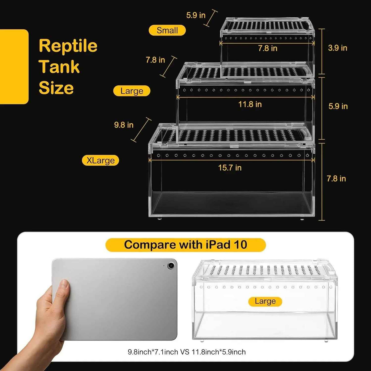 Reptile tank size chart with dimensions and a comparison to an iPad 10.