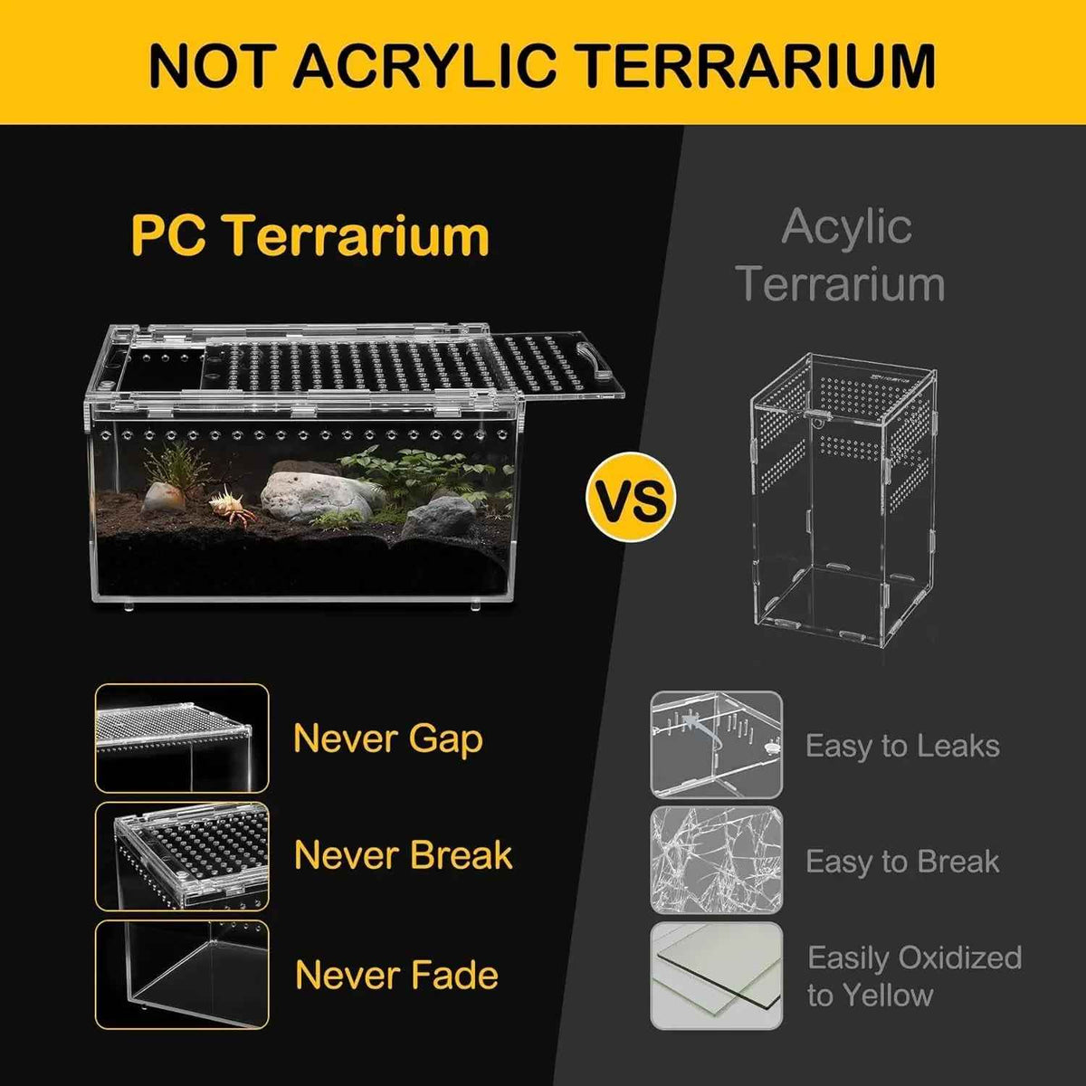 Comparison between PC terrarium and acrylic terrarium with features highlighted.