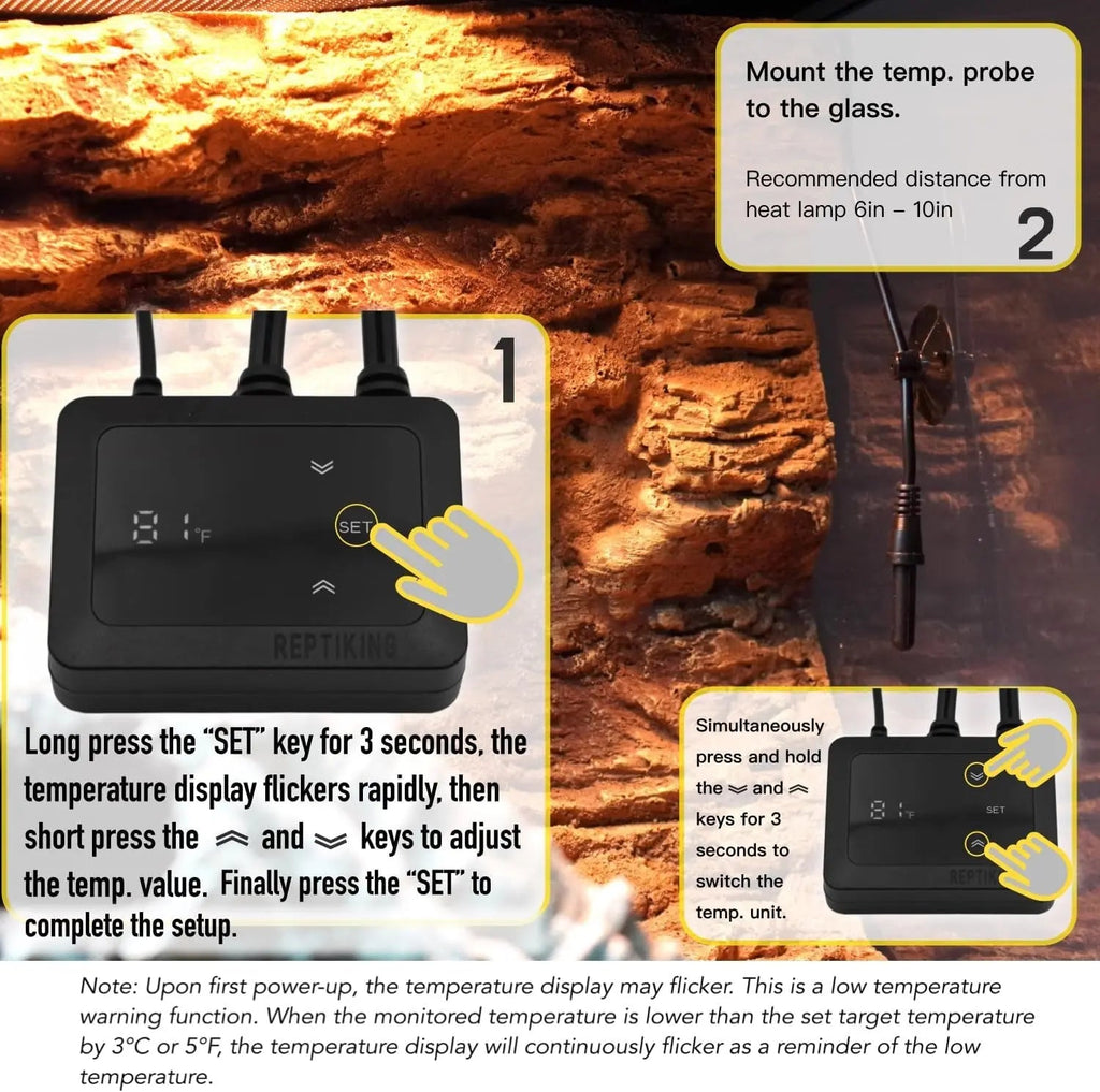 PID Dimming Reptile Thermostat – 200W Digital Heat Controller for Basking Lamps & Ceramic Emitters | 68–122°F
