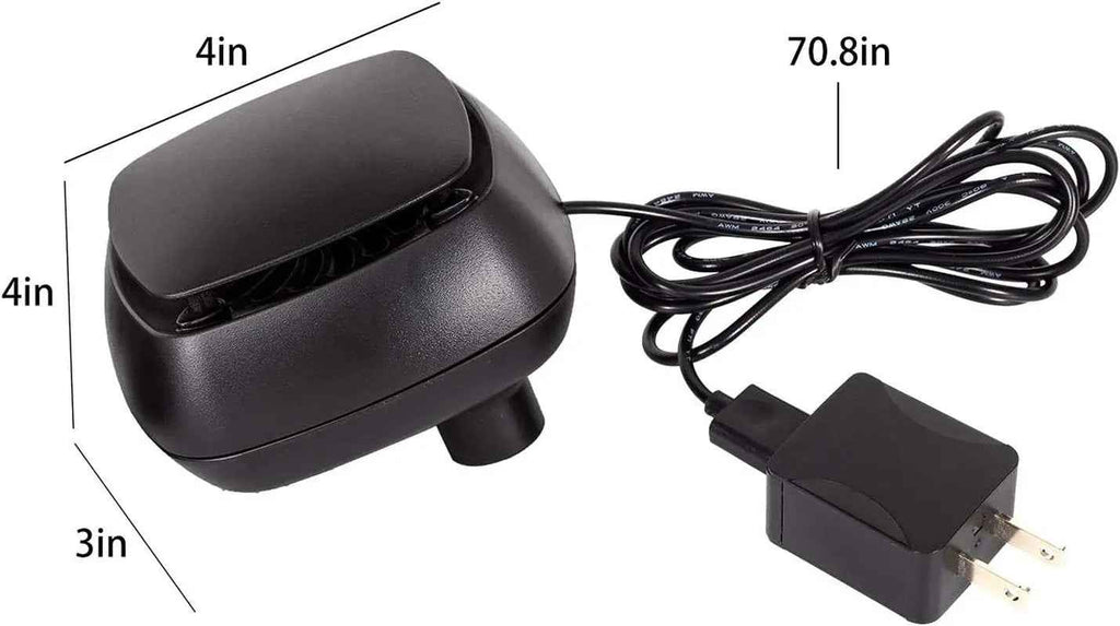 Black reptile terrarium fan with a power cord and wall adapter, shown with dimension labels indicating 4 inches by 3 inches and 70.8 inches length.
