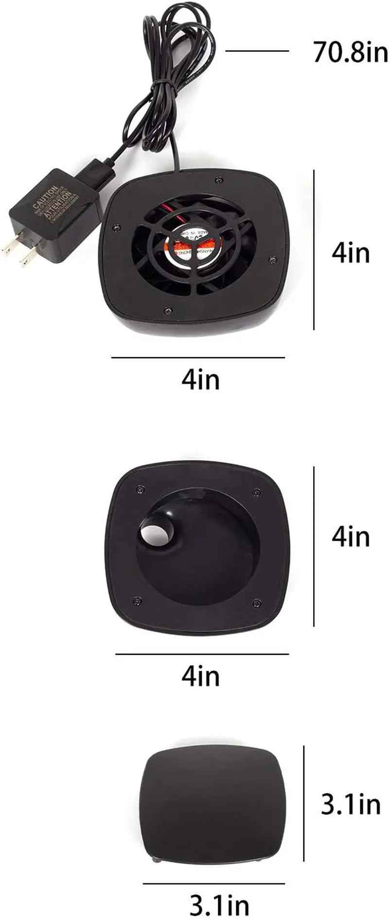 Black reptile terrarium fan with a power cord and plug, shown from multiple angles with dimension labels including 4in, 3.1in, and 70.