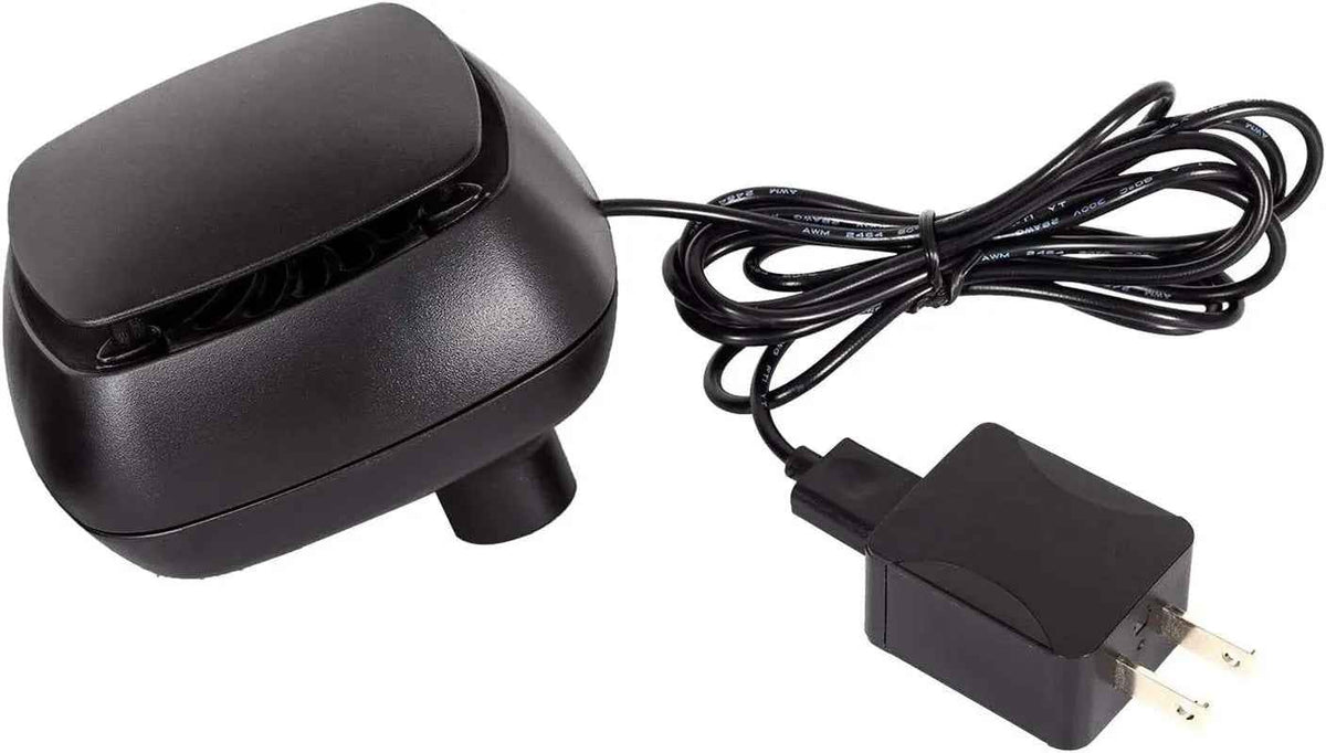 Black reptile terrarium fan with a power cord on a white background