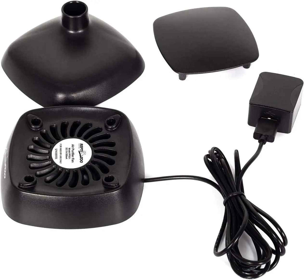 Black reptile terrarium fan with power adapter and cable on a white background 