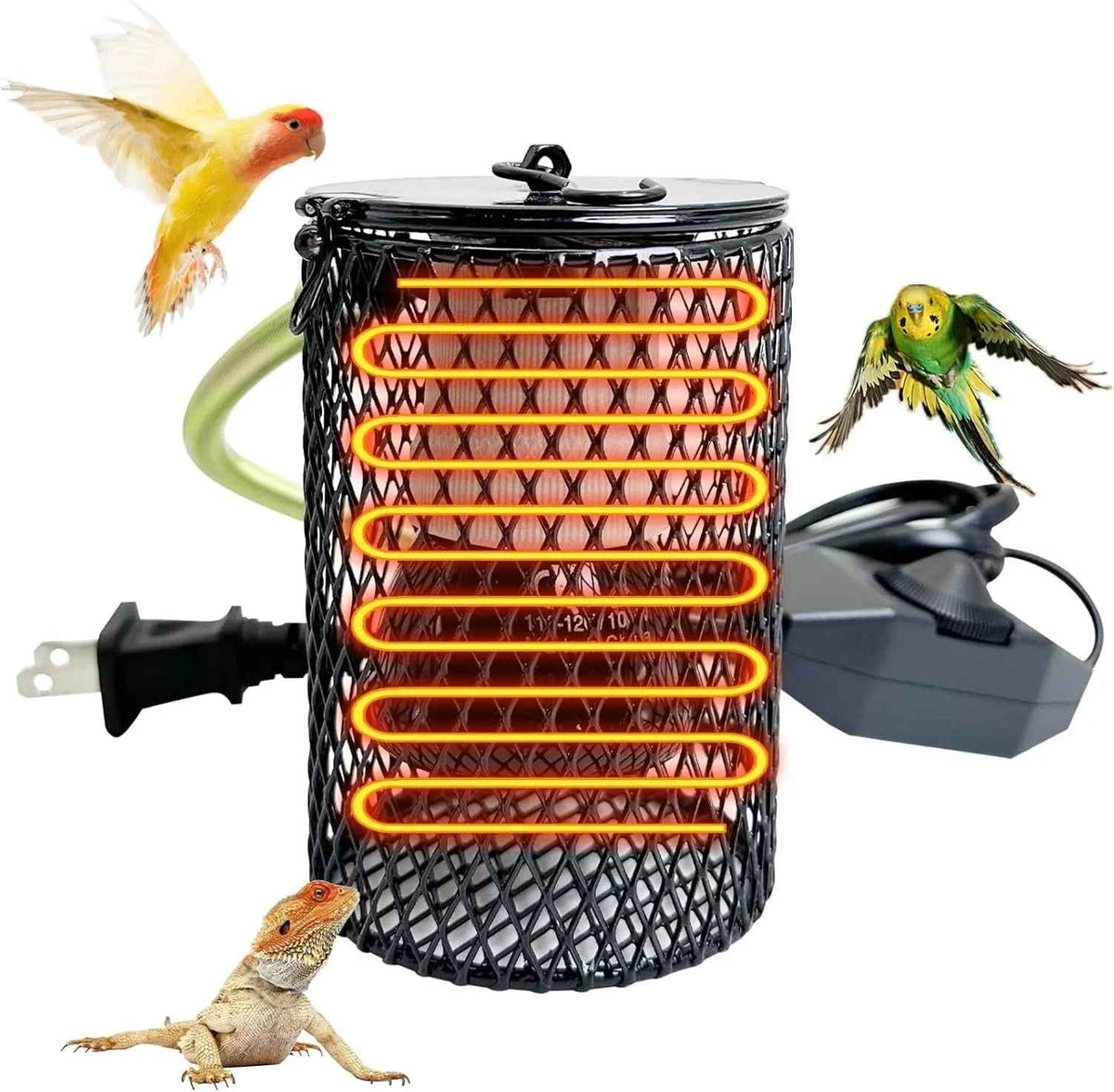 Heating device for pets with birds and a lizard on a white background