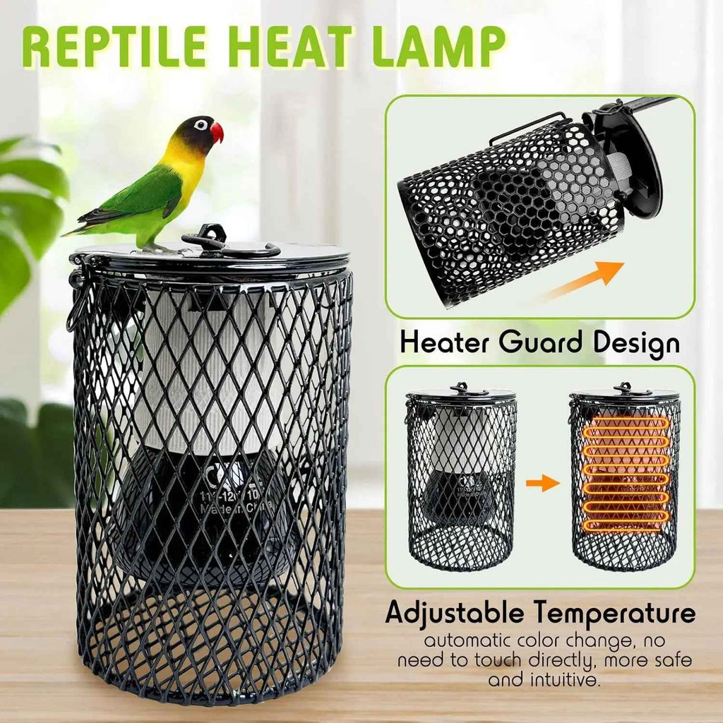 Reptile heat lamp with heater guard design and adjustable temperature feature, shown with a parrot on top.