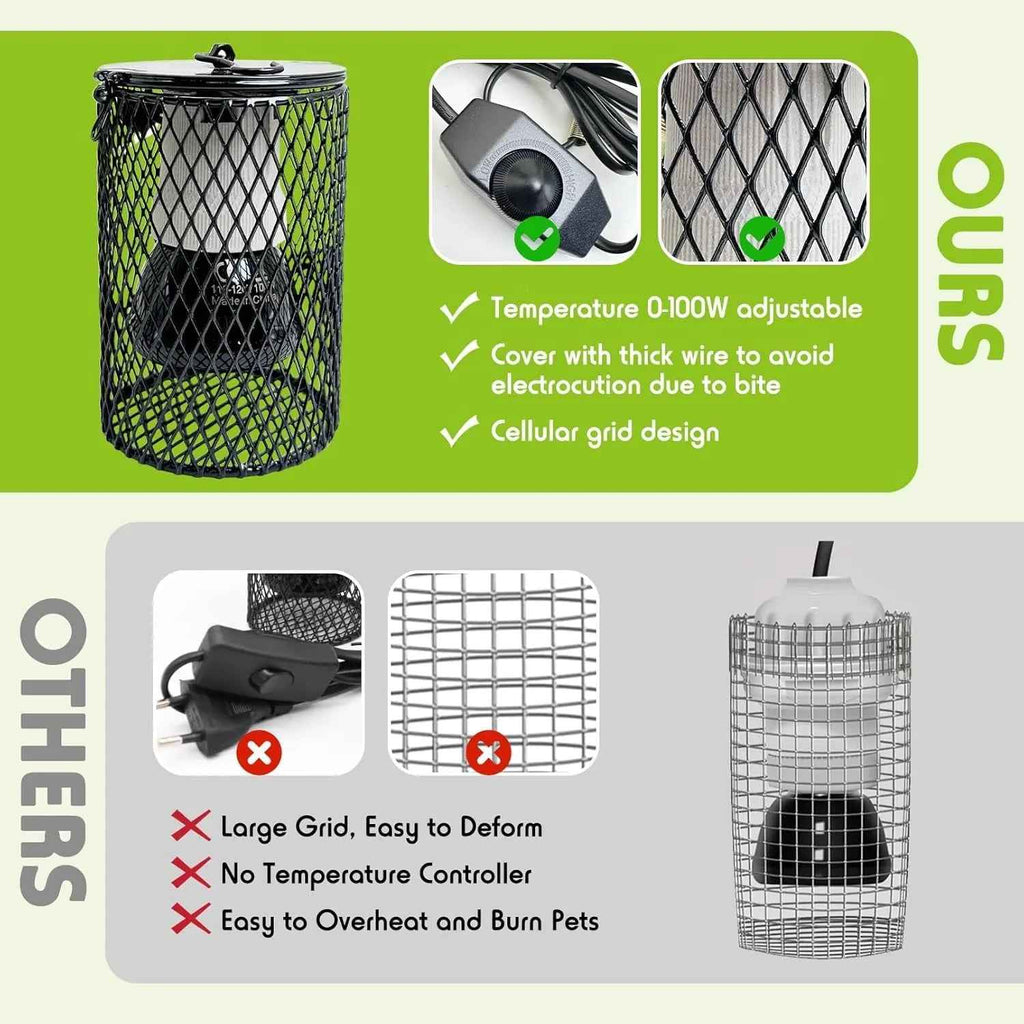 Product comparison chart showing features of a heating device with grid design, temperature control, and safety features.