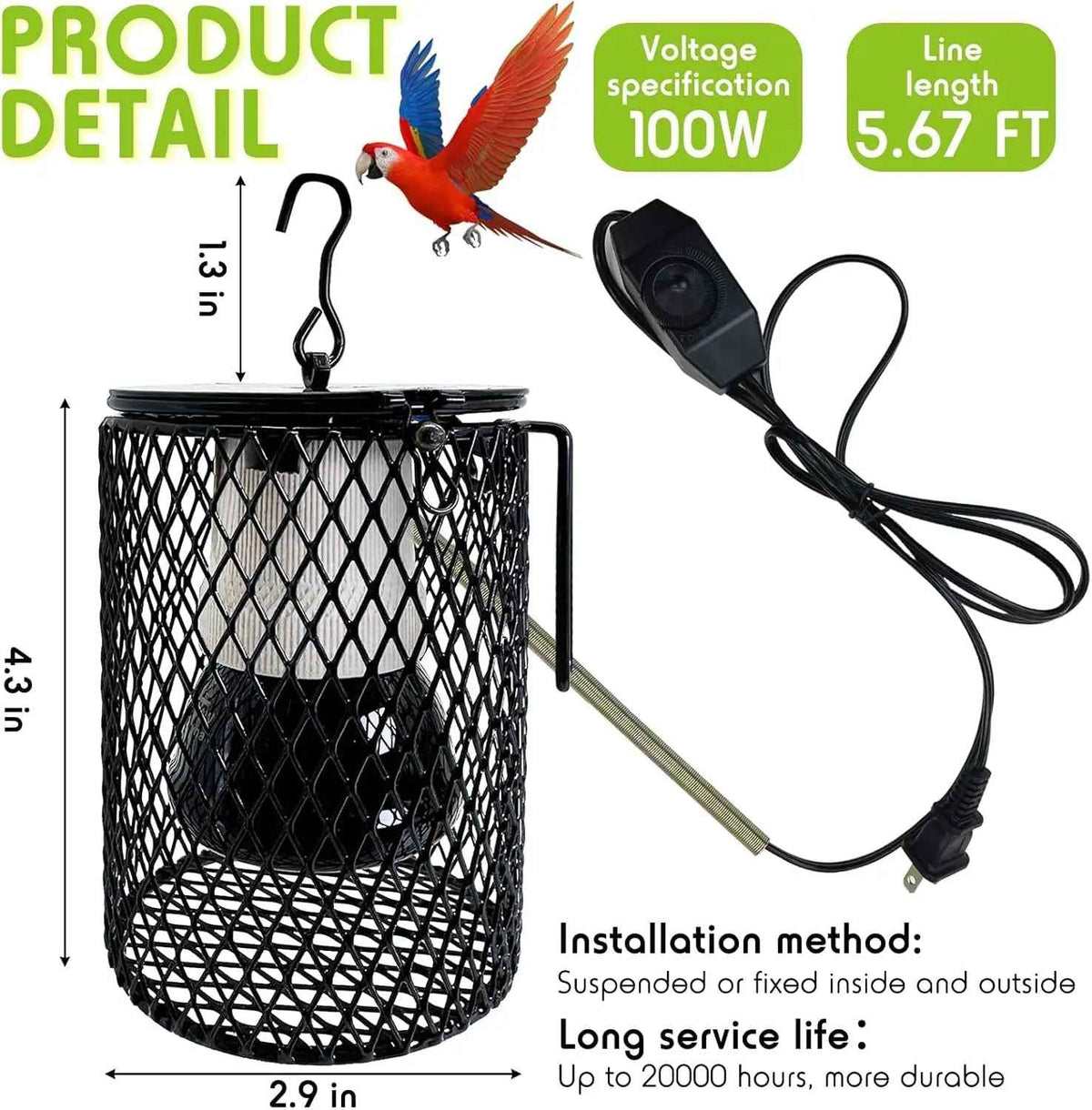 Bird perch with electrical components and specifications on a white background