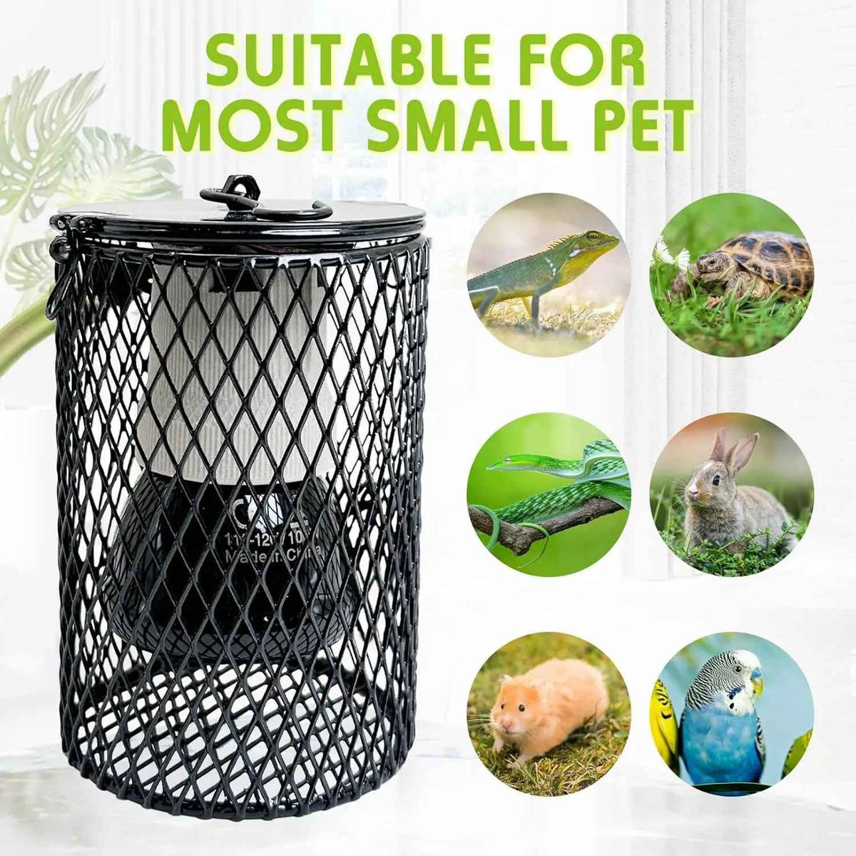 Black guarded ceramic heat lamp beside inset photos of a lizard, tortoise, snake, rabbit, hamster and budgie