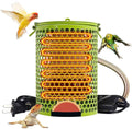 Green guarded ceramic heat lamp with cord and plug, shown with birds and a bearded dragon and an illustrated orange heat effect