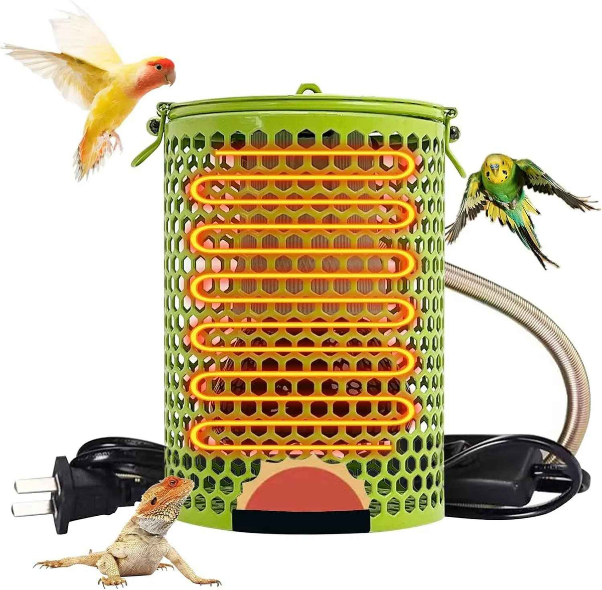 Green guarded ceramic heat lamp with cord and plug, shown with birds and a bearded dragon and an illustrated orange heat effect
