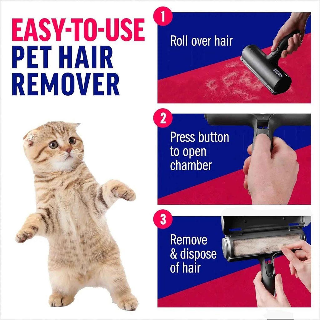 Pet hair remover with instructions and a cat on a white background