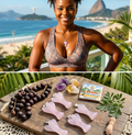 Collage of a model wearing a pink angel pendant by the coast and five rose quartz angel pendants displayed on wood.
