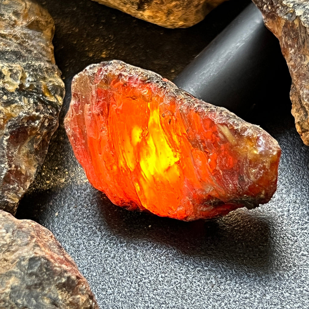Rough black amber piece glowing orange and yellow when backlit, surrounded by dark resin pieces