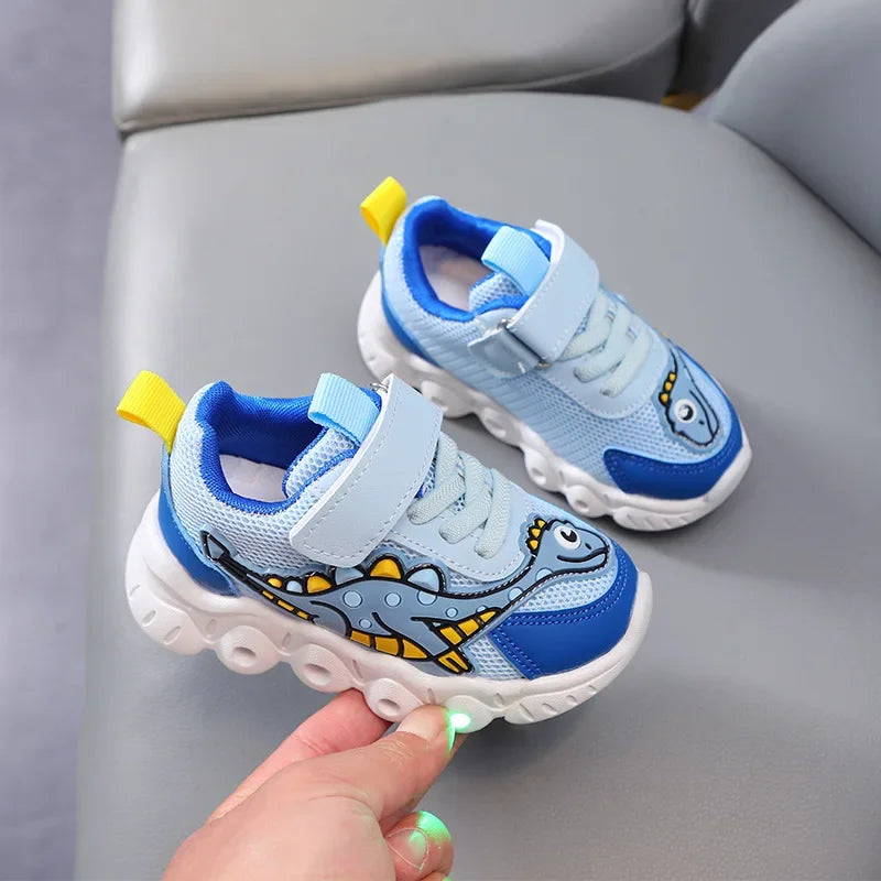 Kids' LED Light-Up Sneakers – Dinosaur Print Breathable Shoes for Boys & Girls