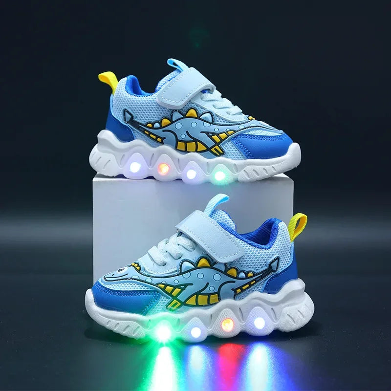 Kids' LED Light-Up Sneakers – Dinosaur Print Breathable Shoes for Boys & Girls