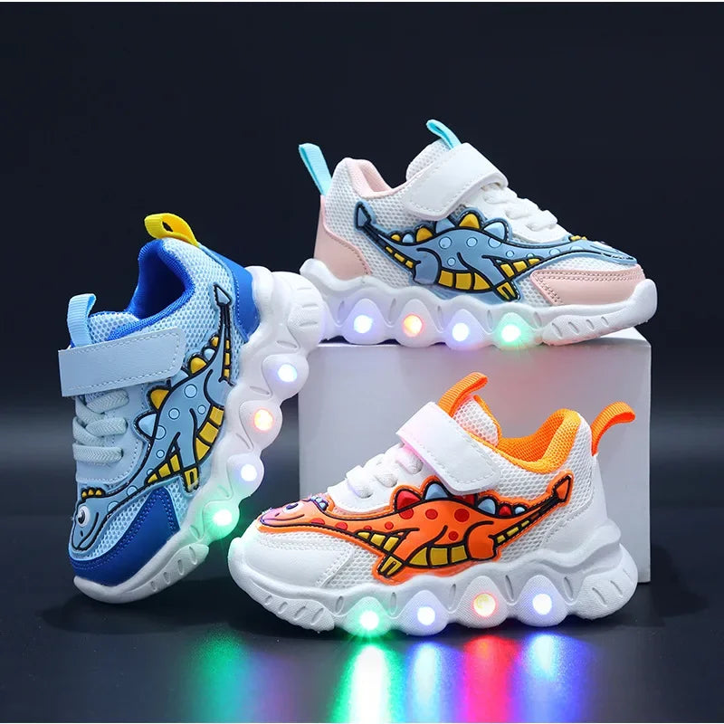 Kids' LED Light-Up Sneakers – Dinosaur Print Breathable Shoes for Boys & Girls