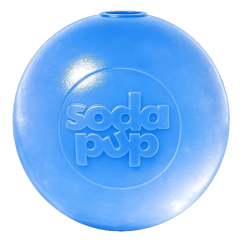 Blue ball with 'soda pup' branding on a white background