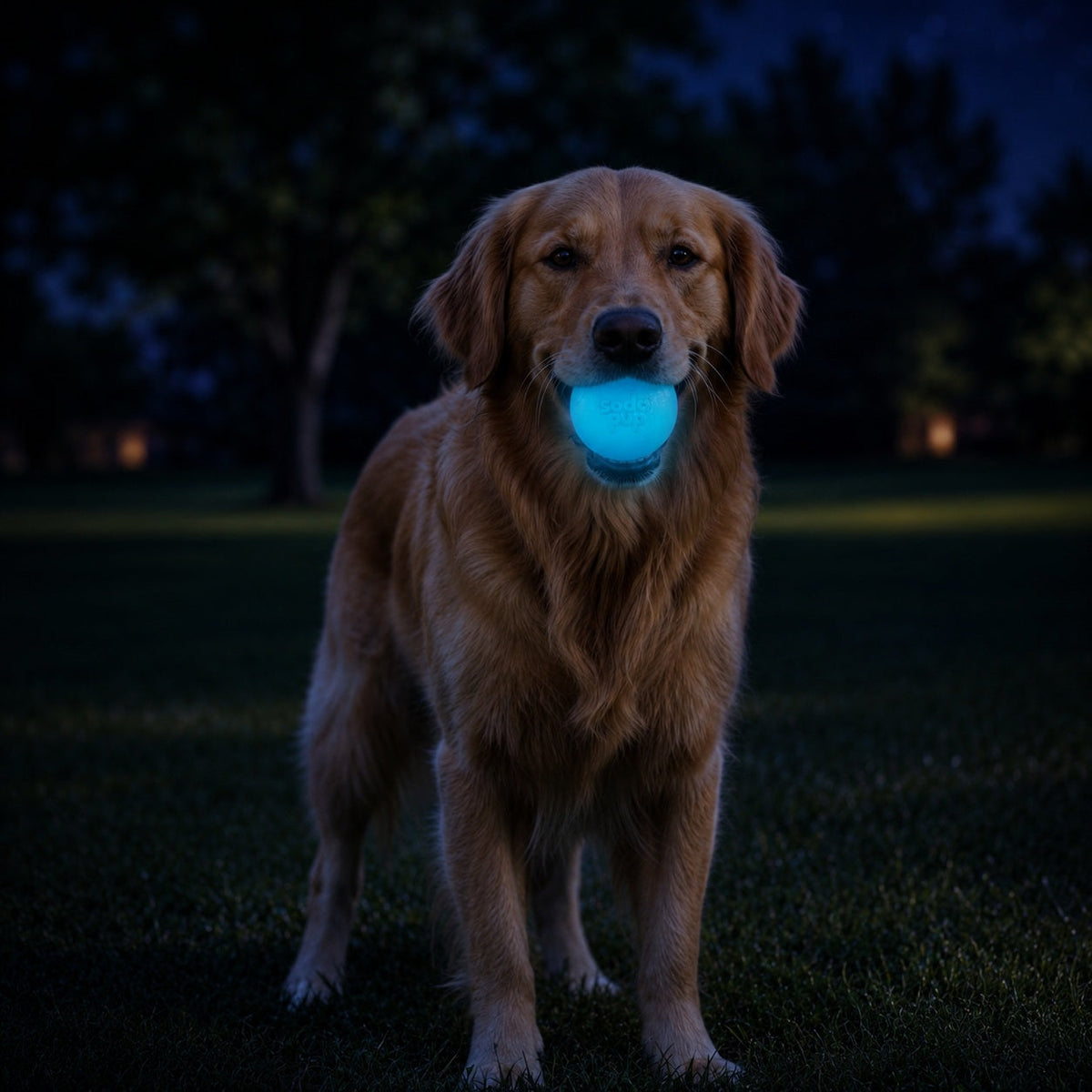 Dog holding a glowing blue ball in the dark outdoors