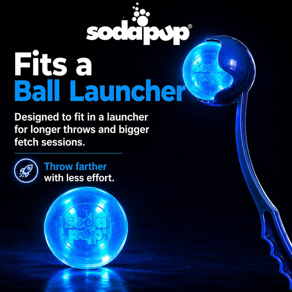 Blue ball launcher with glowing blue ball, featuring SodaPup branding on a black background.