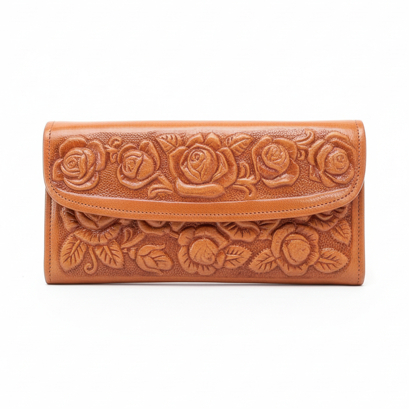 Ladies Leather Western Wallet – Hand-Tooled Floral Bifold | Tan