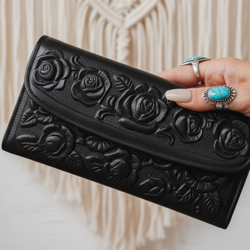 Ladies Leather Western Wallet – Hand-Tooled Floral Bifold | Black