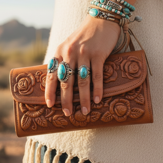 Ladies Leather Western Wallet – Hand-Tooled Floral Bifold | Tan