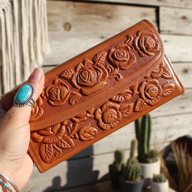 Ladies Leather Western Wallet – Hand-Tooled Floral Bifold | Tan
