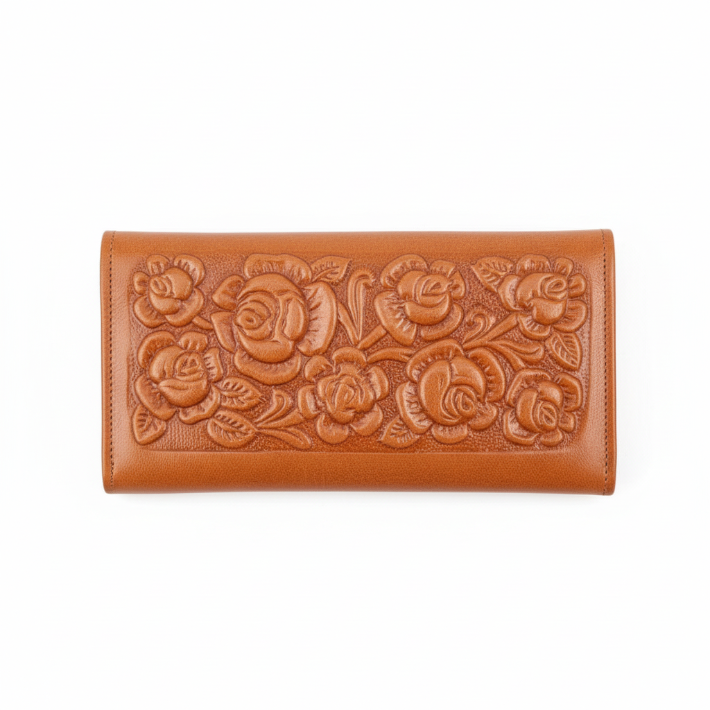 Ladies Leather Western Wallet – Hand-Tooled Floral Bifold | Tan
