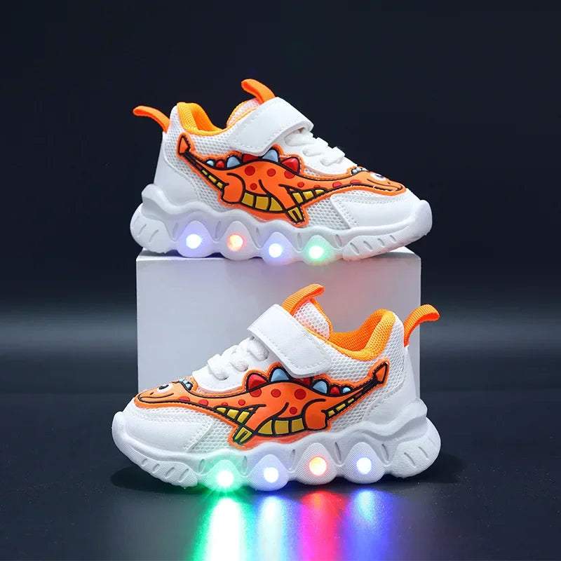 Kids' LED Light-Up Sneakers – Dinosaur Print Breathable Shoes for Boys & Girls