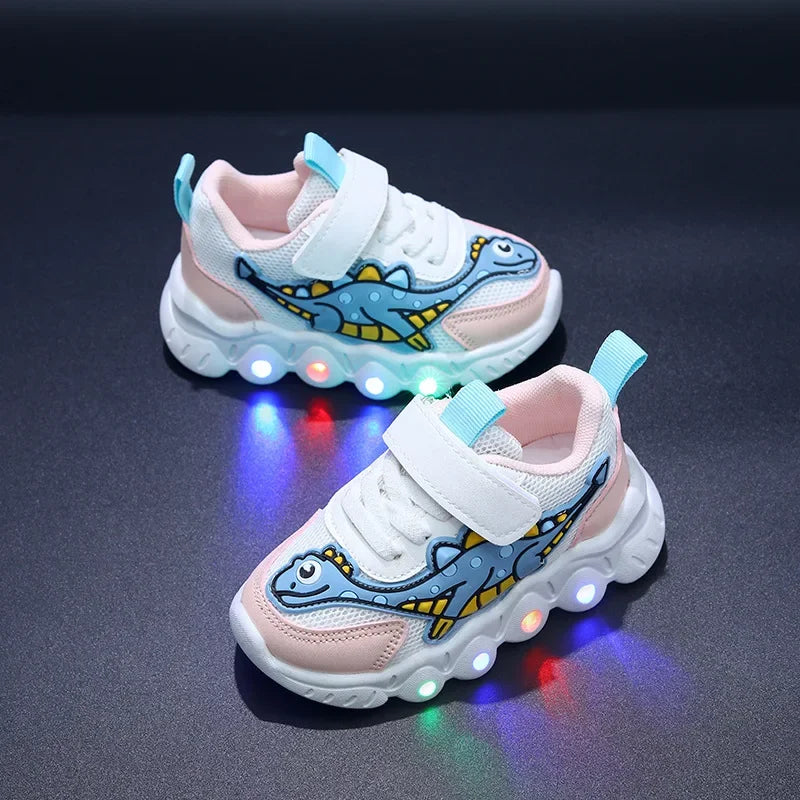 Kids' LED Light-Up Sneakers – Dinosaur Print Breathable Shoes for Boys & Girls